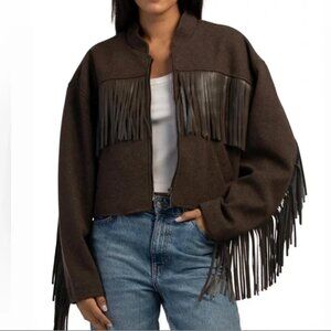 NWT BLANK NYC Chocolate Brown Fringe Bomber Jacket